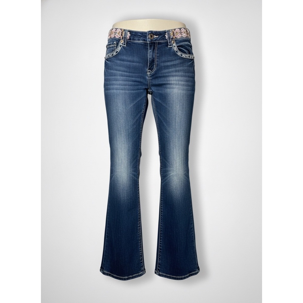 Grace in LA Easy Fit Embroidered Bootcut Jeans Blue Size 32 Southwestern Studded